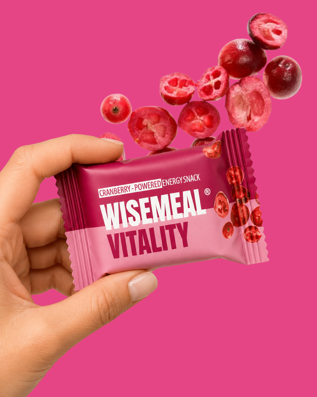 WISEMEAL VITALITY cranberry bar held in a hand against a pink background