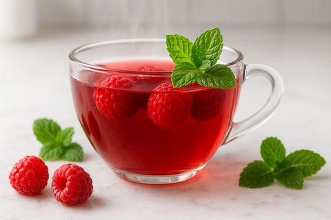 remake with close realistic photo with red tea and fruity rachberries in it, some peppermint in the scene 
